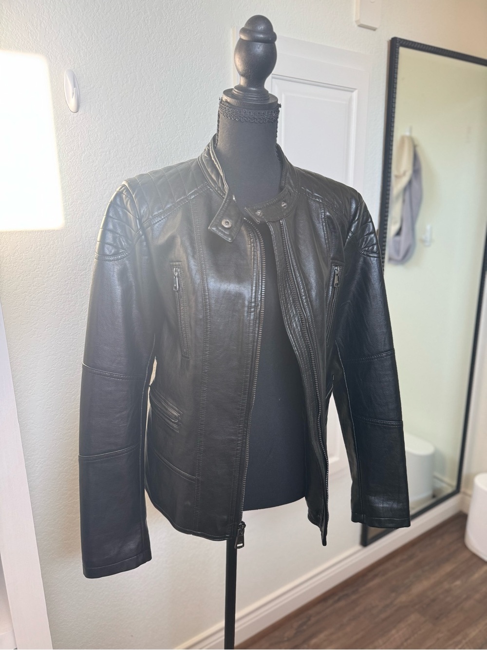 Kenneth Cole Black Vintage Leather Moto Jacket with Quilted Shoulders